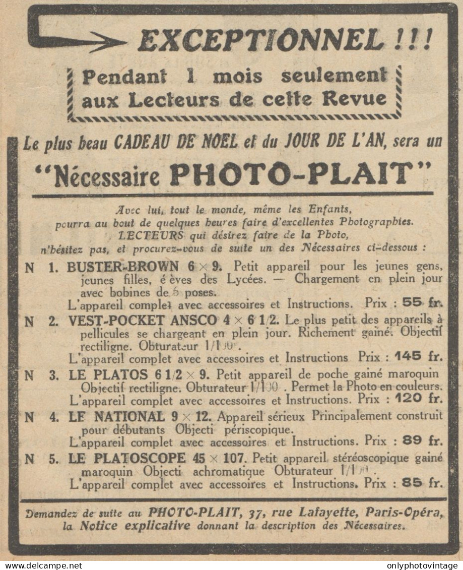 Photo-Plait - Paris-Opéra - Pubblicità D'epoca - 1920 Old Advertising - Publicités