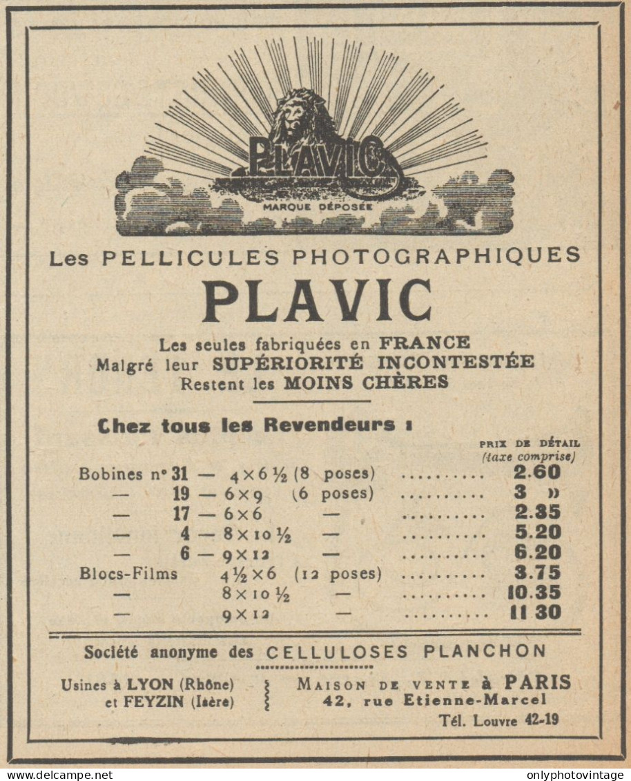 PLAVIC Pellicules Photographiques - Pubblicità D'epoca - 1920 Old Advert - Publicités