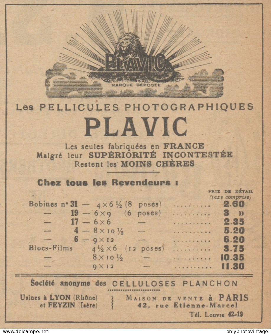 PLAVIC Pellicules Photographiques - Pubblicità D'epoca - 1920 Old Advert - Publicités