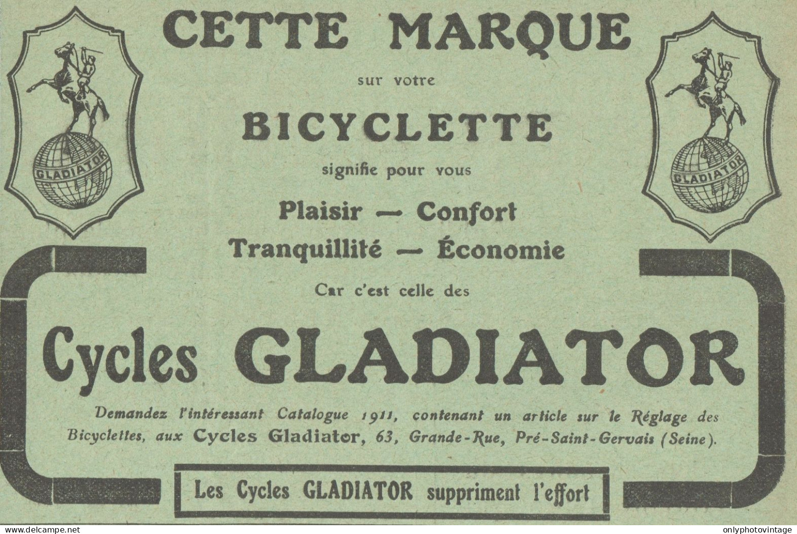 Cycles GLADIATOR - Pubblicità D'epoca - 1911 Old Advertising - Publicités
