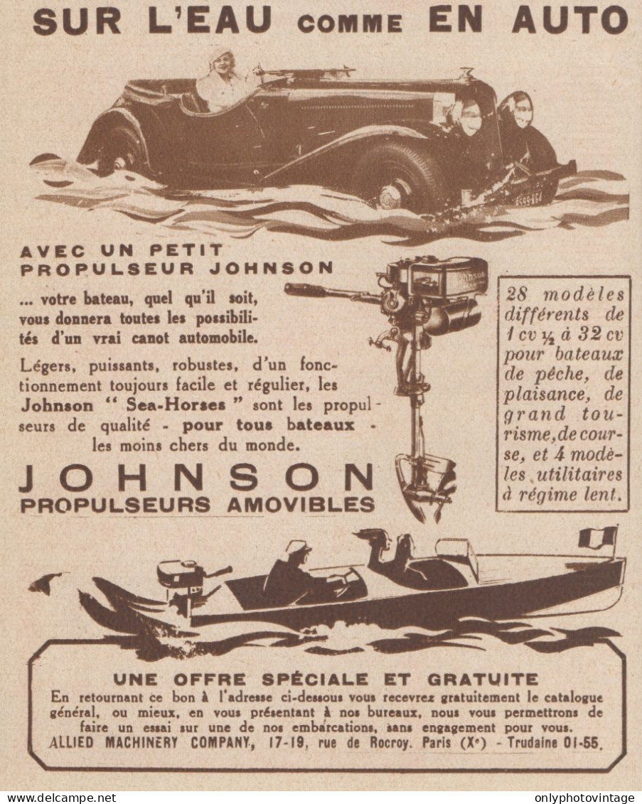 Propulseur Amovibles JOHNSON - Pubblicità D'epoca - 1934 Old Advertising - Publicités