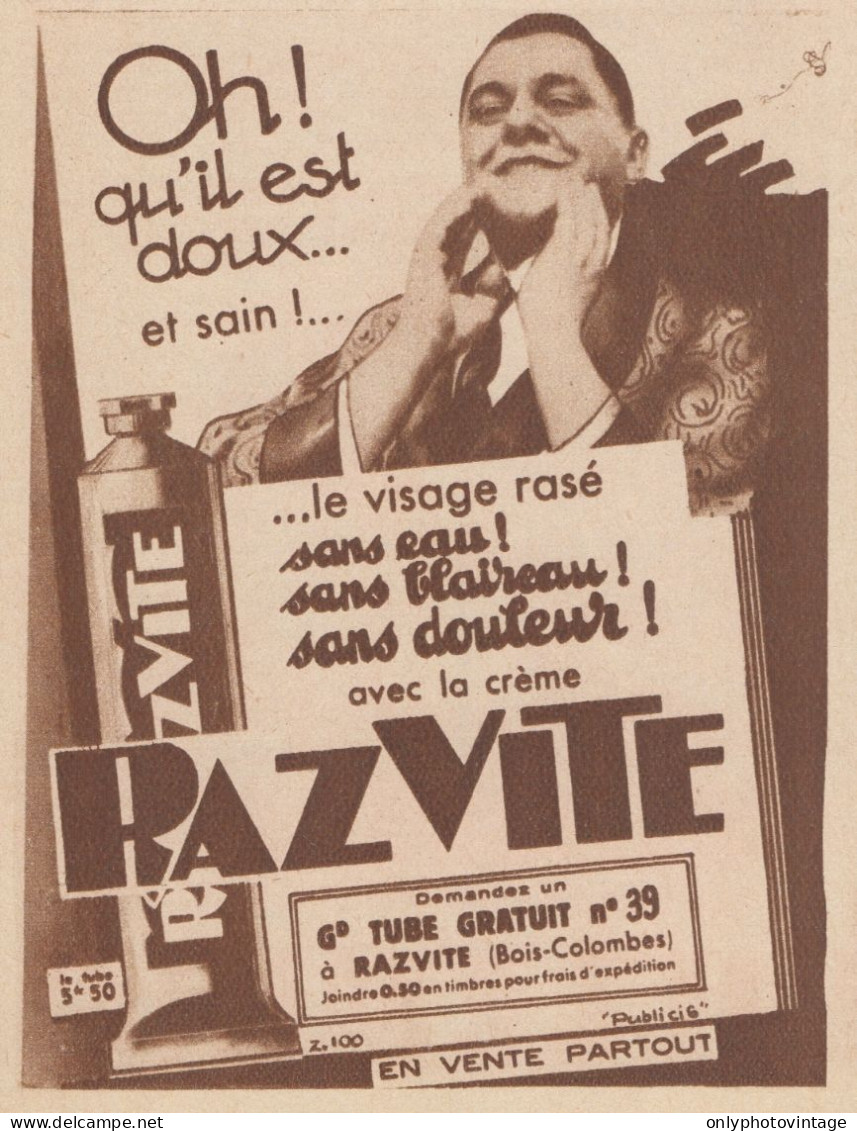 Crème RAZ VITE - Pubblicità D'epoca - 1934 Old Advertising - Publicités