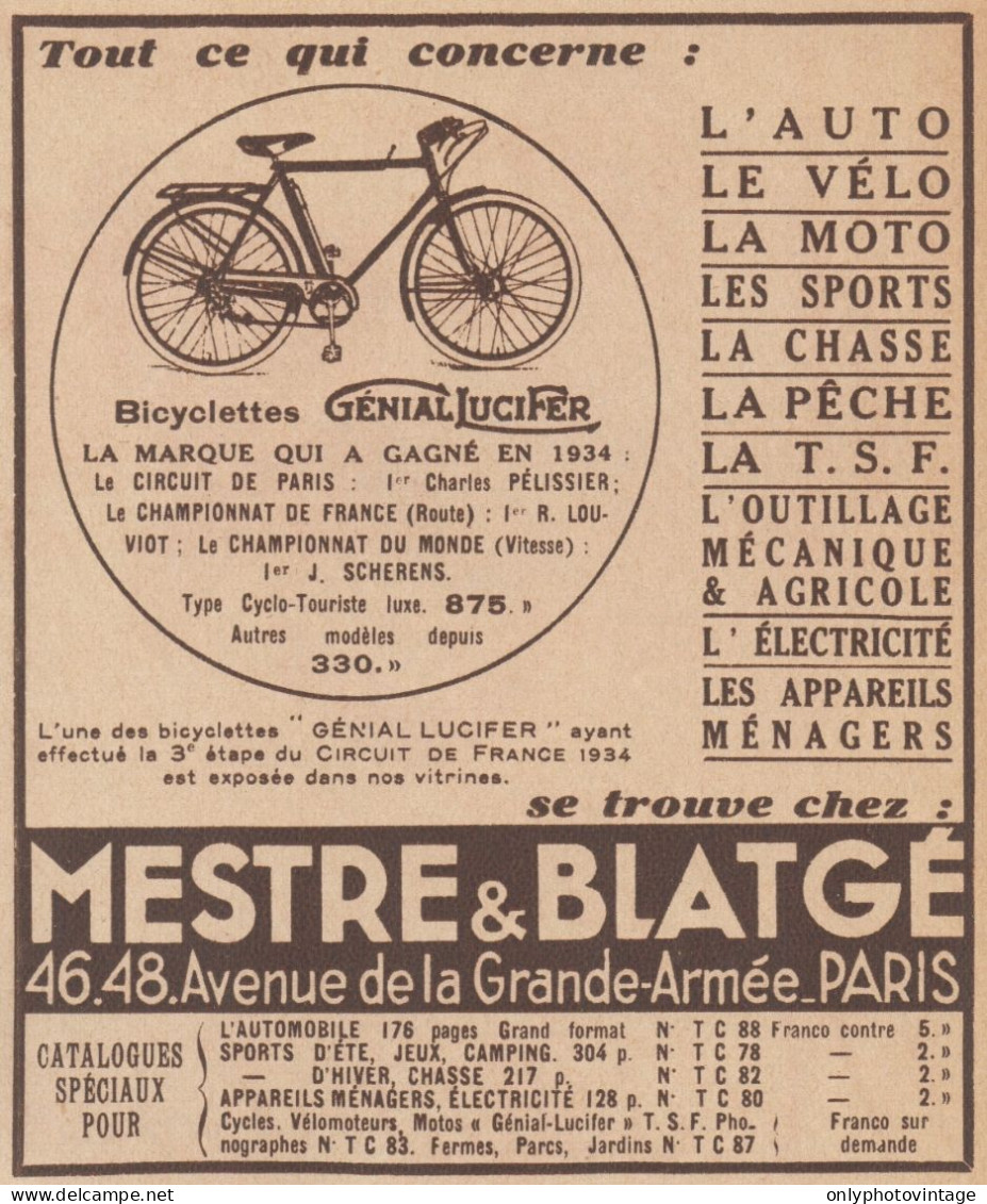 MESTRE & BLATGE' - Cycles Genial Lucifer - Pubblicità D'epoca - 1934 Ad - Publicités