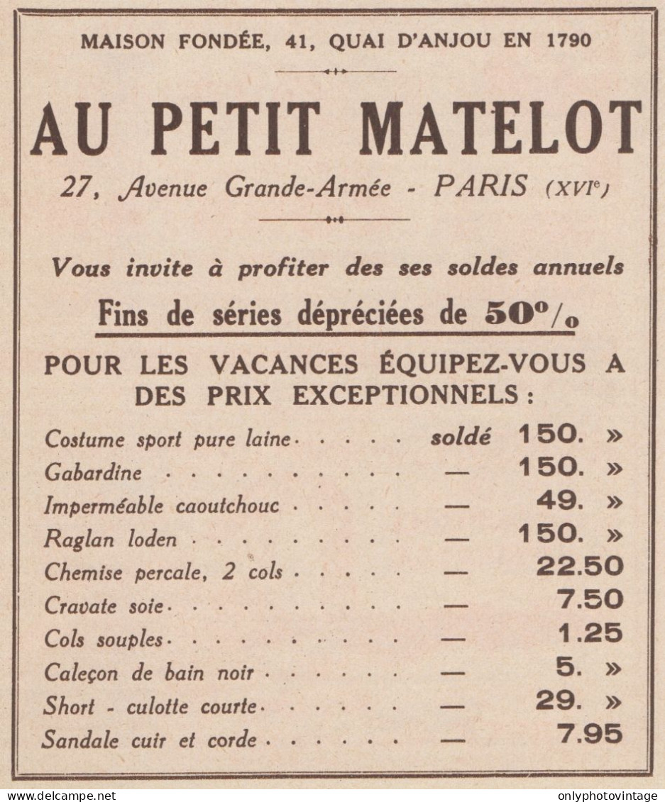 Au Petit Matelot - Paris - Pubblicità D'epoca - 1934 Old Advertising - Publicités