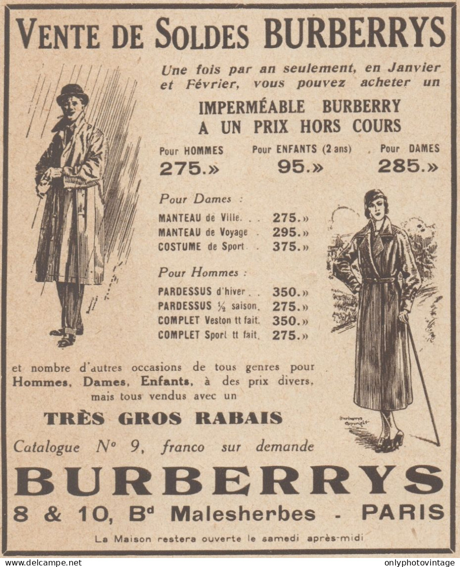 Vente De Soldes BURBERRYS - Pubblicità D'epoca - 1934 Old Advertising - Publicités