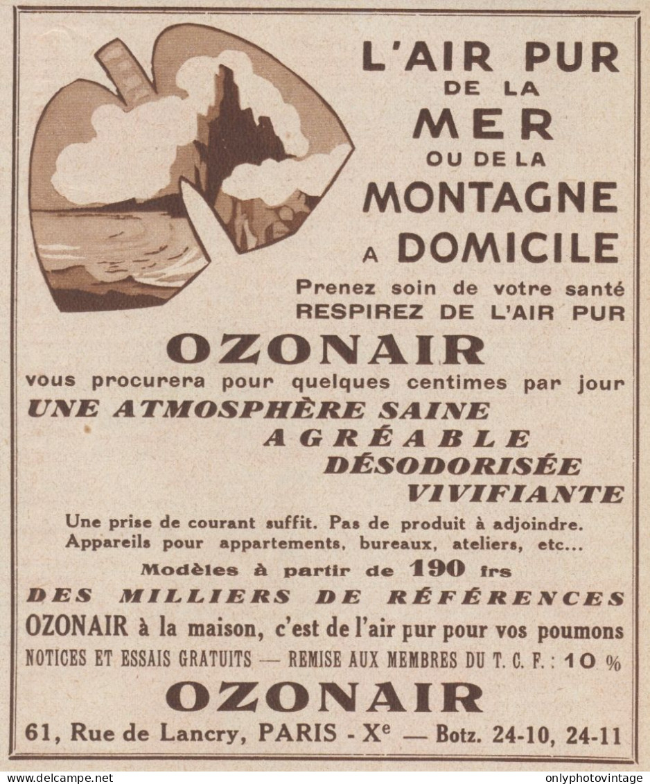 OZONAIR L'air Pur De La Montagne - Pubblicità D'epoca - 1934 Old Advert - Publicités