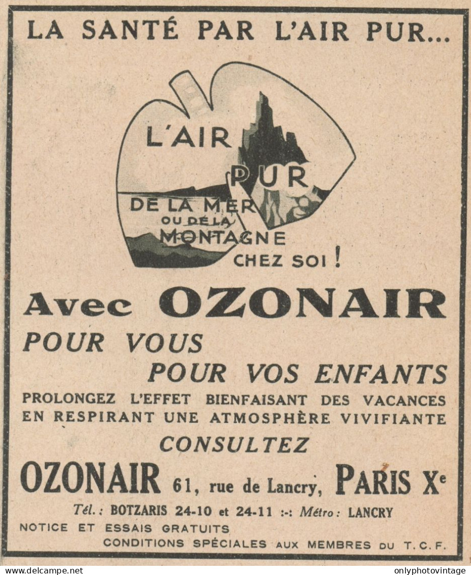 OZONAIR L'air Pur De La Montagne - Pubblicità D'epoca - 1934 Old Advert - Publicités