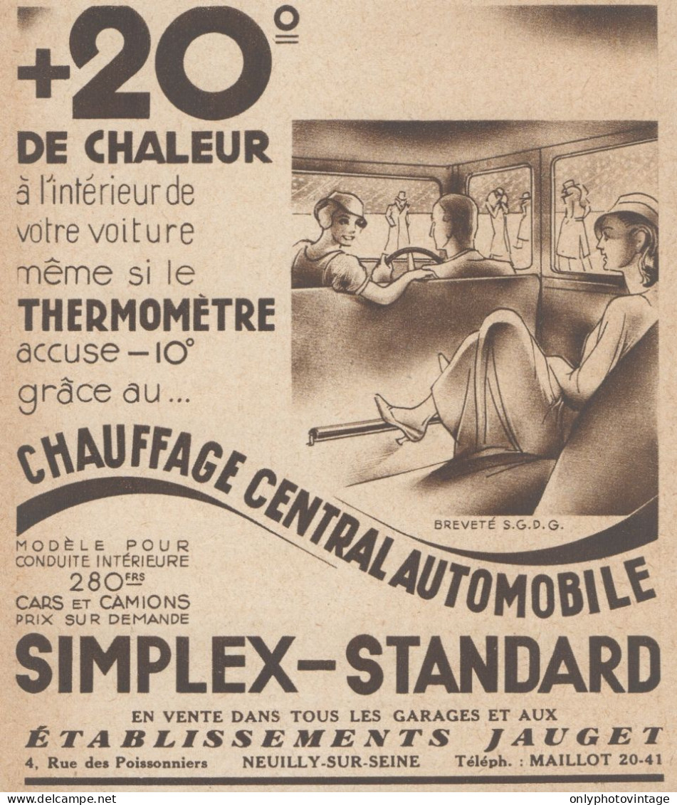 SIMPLEX-STANDARD - Chauffage Automobile - Pubblicità D'epoca - 1934 Ad - Publicités
