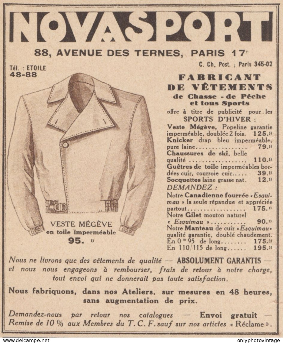 NOVASPORT - Veste Mégève - Pubblicità D'epoca - 1934 Old Advertising - Publicités