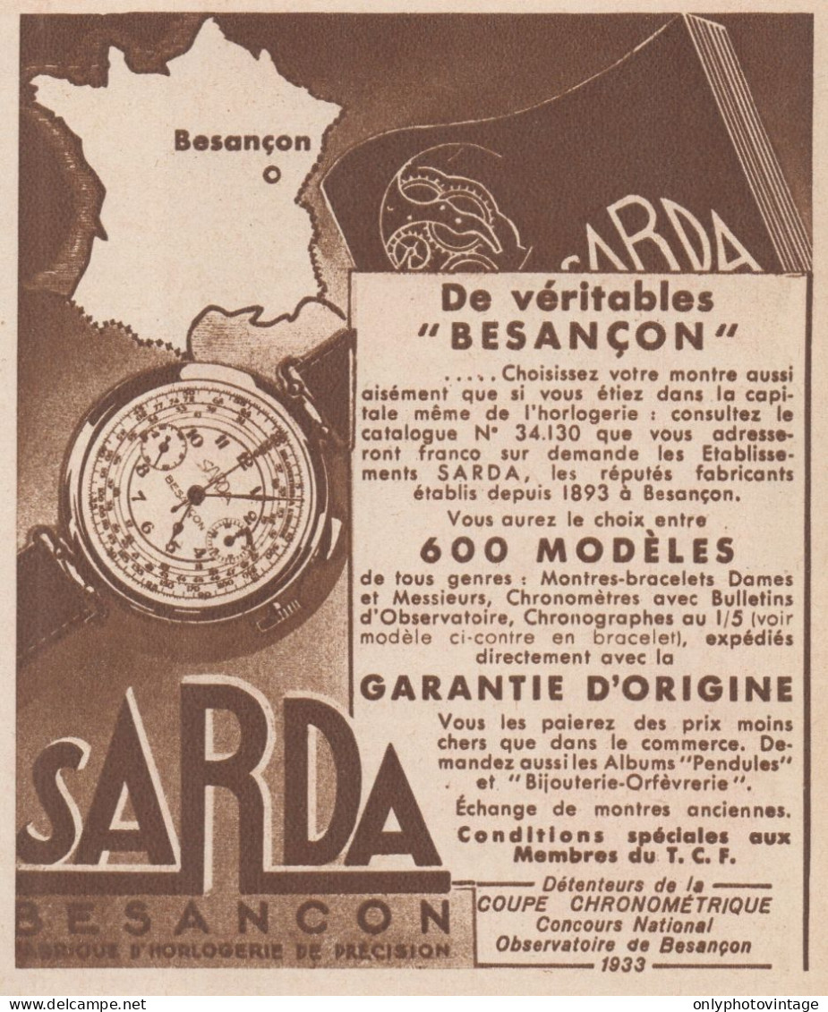 Montres SARDA Bresançon - Pubblicità D'epoca - 1934 Old Advertising - Publicités