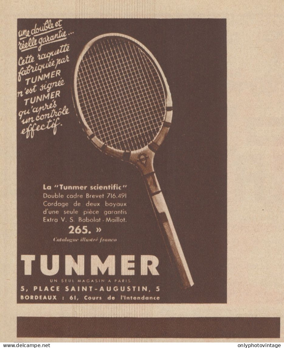 Raquette TUNMER Scientific - Pubblicità D'epoca - 1934 Old Advertising - Publicités