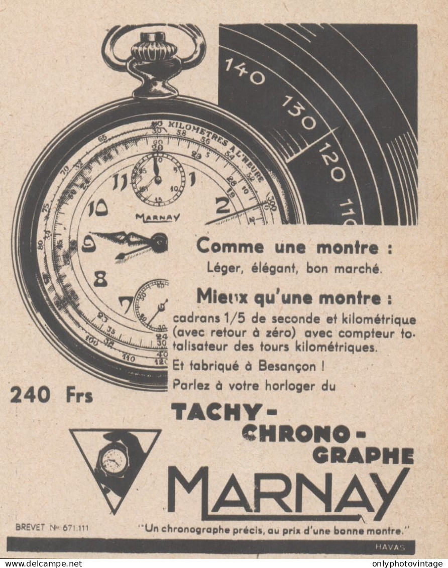 Tachychronographe MARNAY - Pubblicità D'epoca - 1934 Old Advertising - Publicités