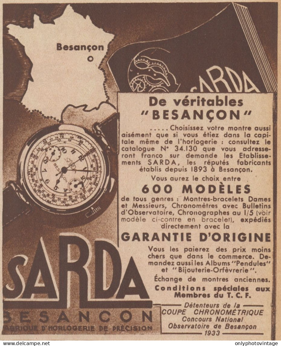 Montres SARDA Bresançon - Pubblicità D'epoca - 1934 Old Advertising - Publicités