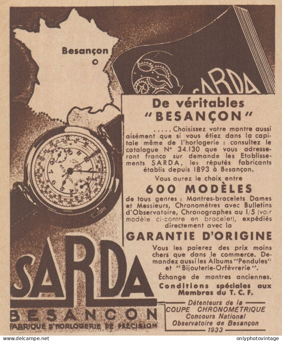 Montres SARDA Bresançon - Pubblicità D'epoca - 1934 Old Advertising - Publicités