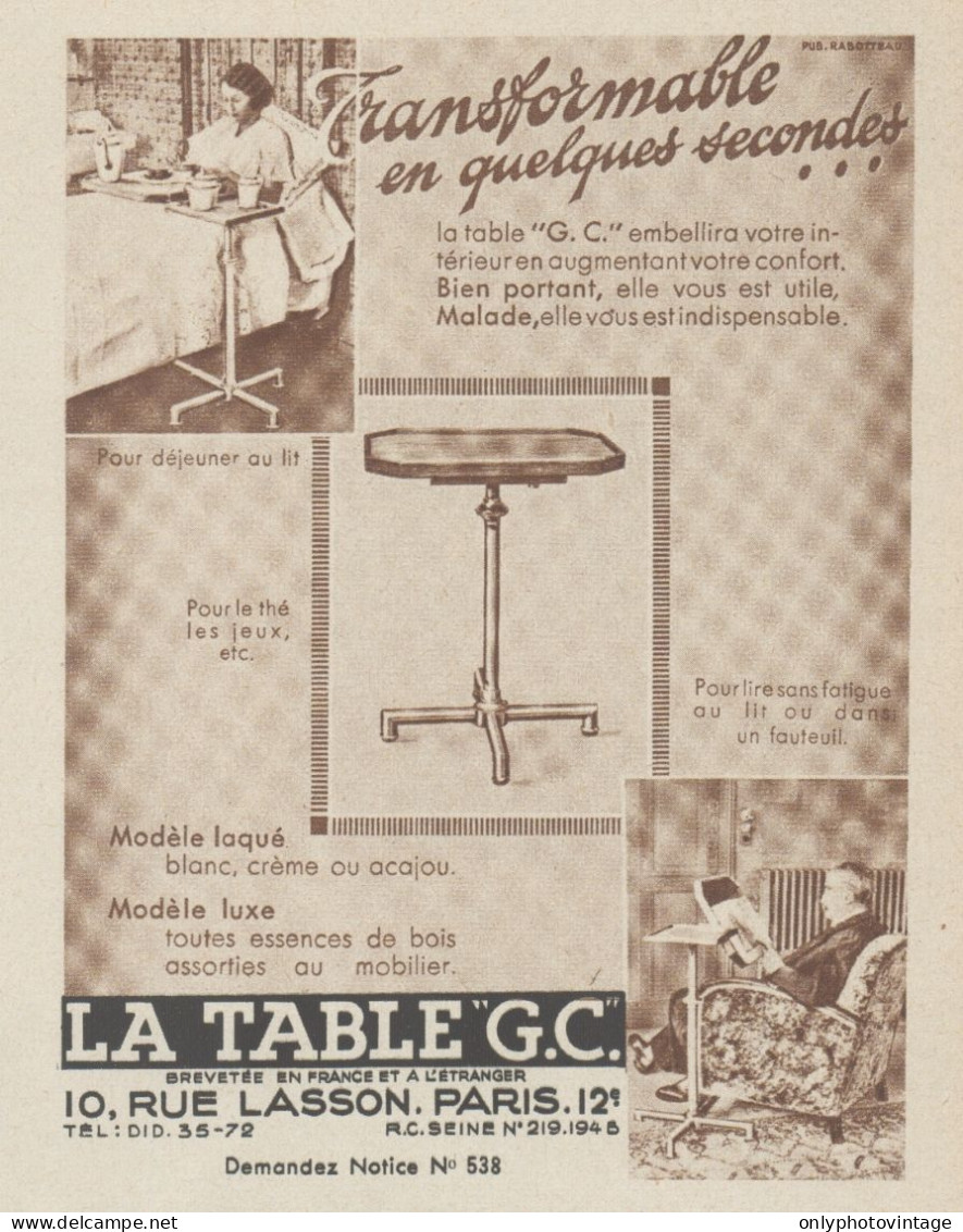 La Table Transformable G.C. - Pubblicità D'epoca - 1938 Old Advertising - Publicités