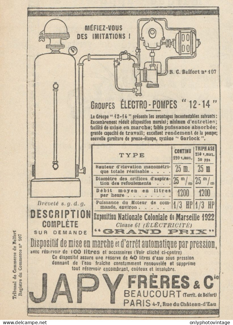 JAPY Fréres & C. - Electro-Pompes - Pubblicità D'epoca - 1924 Old Advert - Werbung