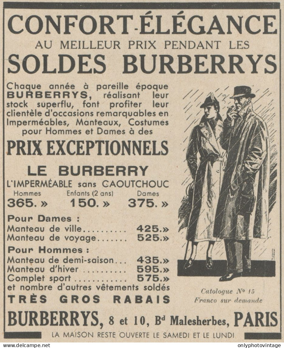 Soldes BURBERRYS - Confort - Elégance - Pubblicità D'epoca - 1938 Old Ad - Werbung