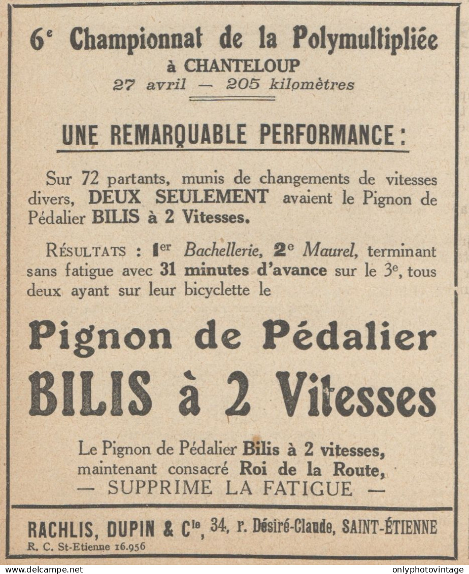 Pignon De Pédalier BILIS - Pubblicità D'epoca - 1924 Old Advertising - Werbung