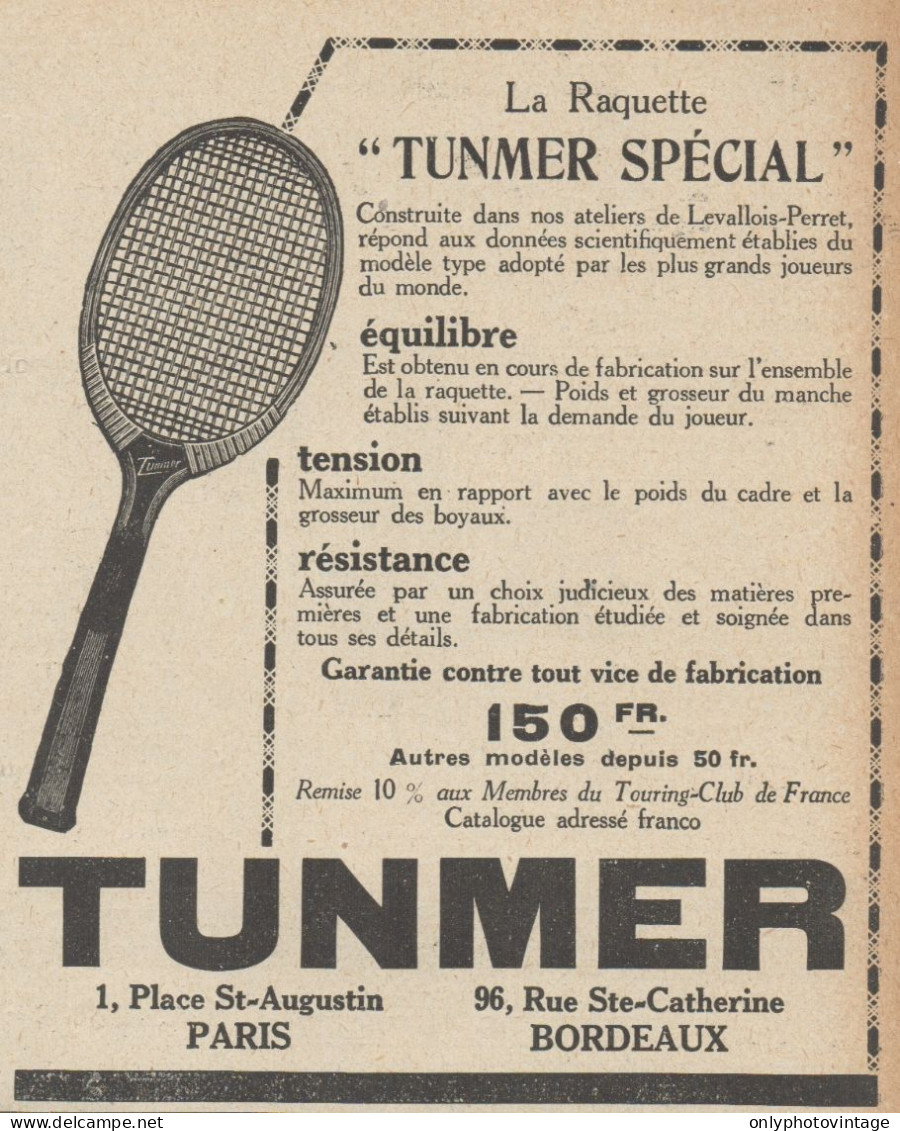 Raquette TUNMER Spécial - Pubblicità D'epoca - 1924 Old Advertising - Werbung