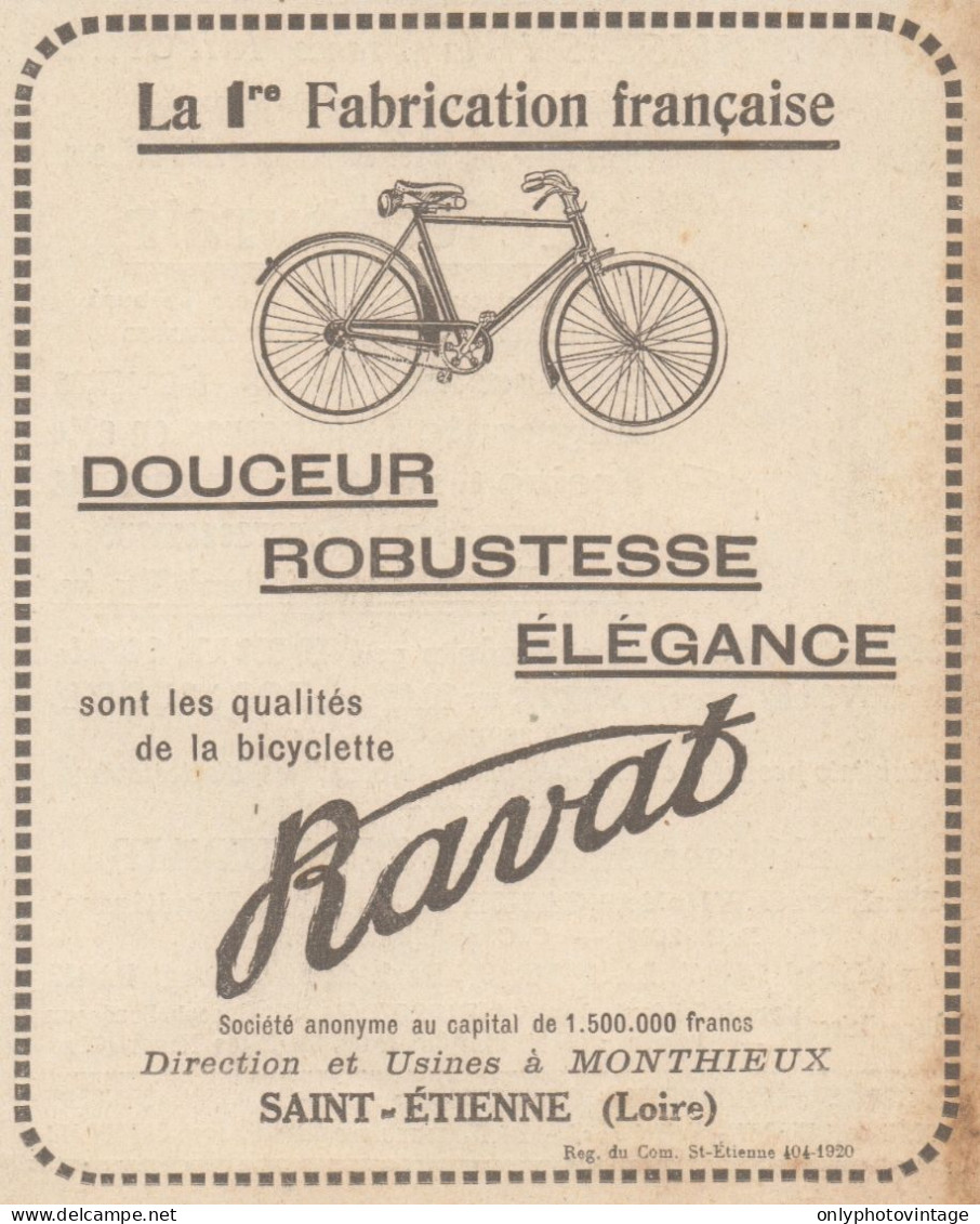 Bicyclette RAVAT - Pubblicità D'epoca - 1924 Old Advertising - Werbung