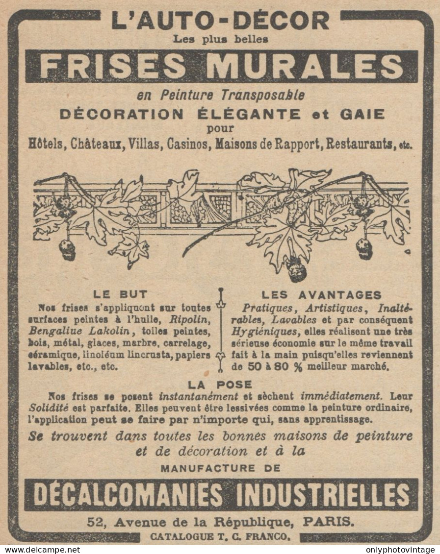 L'Auto-Decor - Frises Murales - Pubblicità D'epoca - 1921 Old Advertising - Werbung