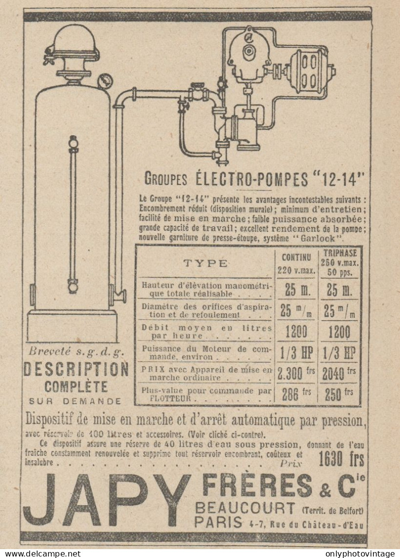 Electro-Pompes JAPY - Pubblicità D'epoca - 1921 Old Advertising - Werbung