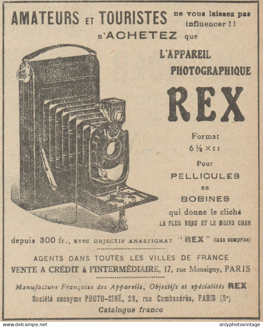 Appareil Photographique REX - Pubblicità D'epoca - 1921 Old Advertising - Werbung