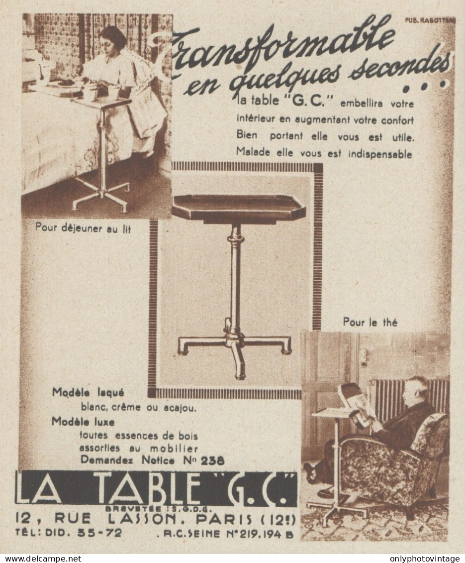 La Table Transformable G.C. - Pubblicità D'epoca - 1938 Old Advertising - Werbung