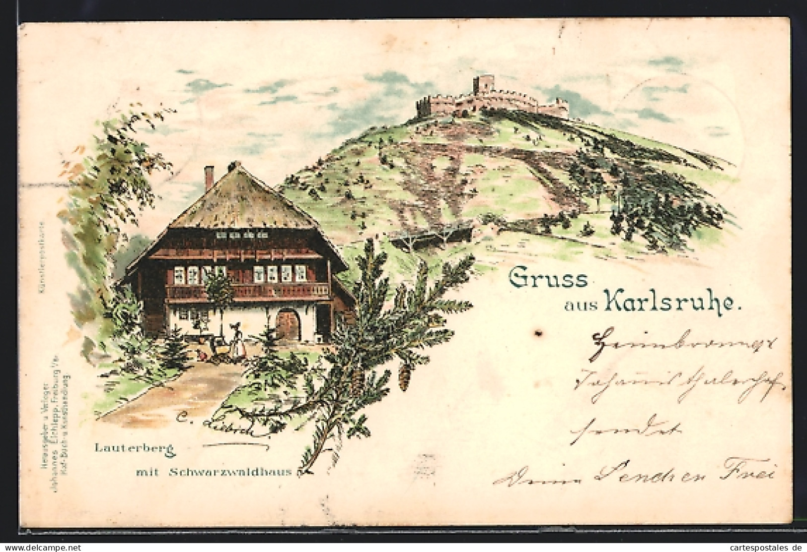 Lithographie Karlsruhe, Lauterberg Mit Schwarzwaldhaus Und Festung  - Karlsruhe
