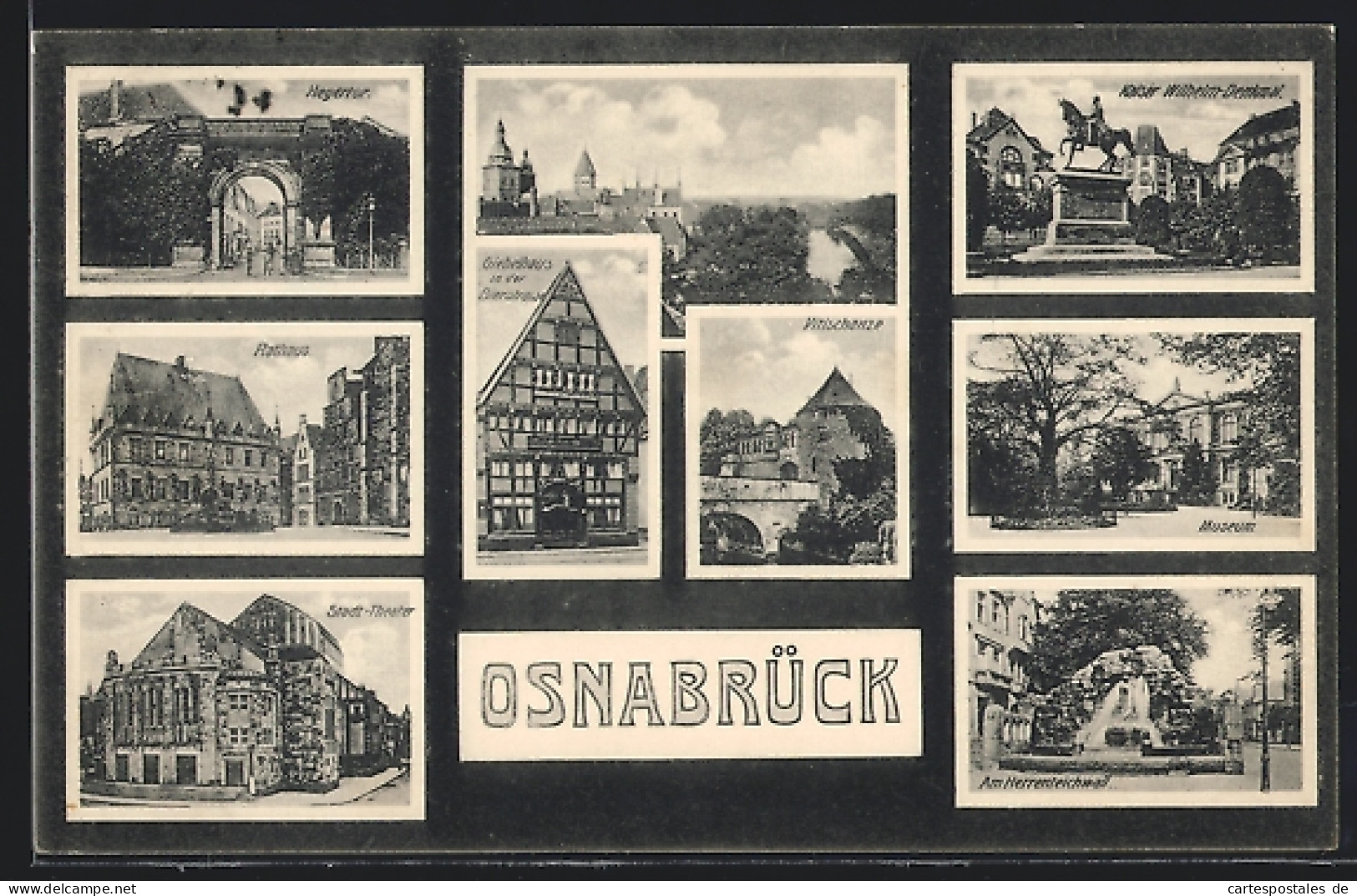 AK Osnabrück, Giebelhaus In Der Bierstrasse, Stadt-Theater, Museum, Kaiser Wilhelm-Denkmal  - Théâtre