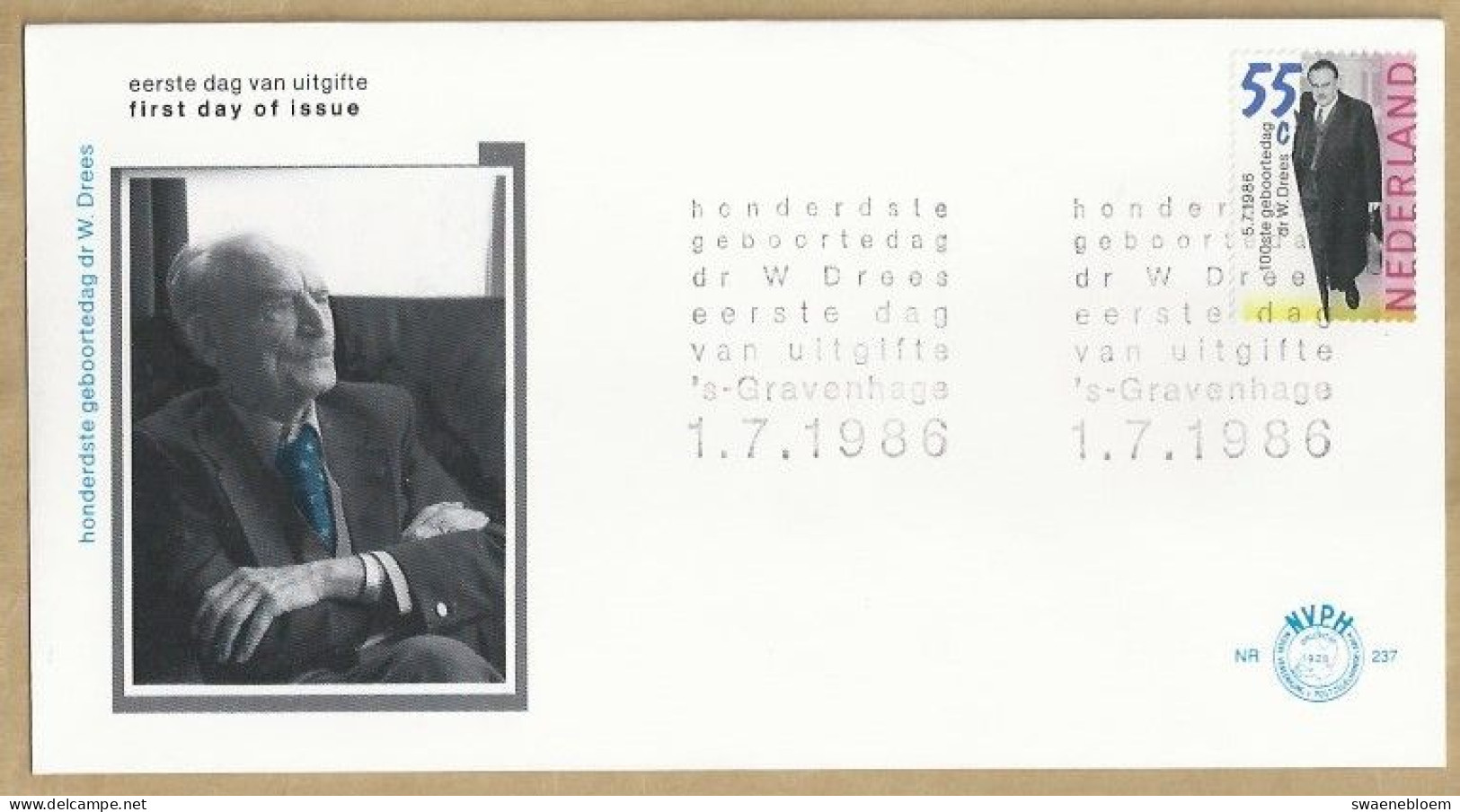 NL.- FDC. NVPH Nr. 237. EERSTE DAG VAN UITGIFTE. FIRST DAY OF ISSUE. 01-07-1986. HONDERDSTE GEBOORTEDAG Dr. W. DREES. - FDC