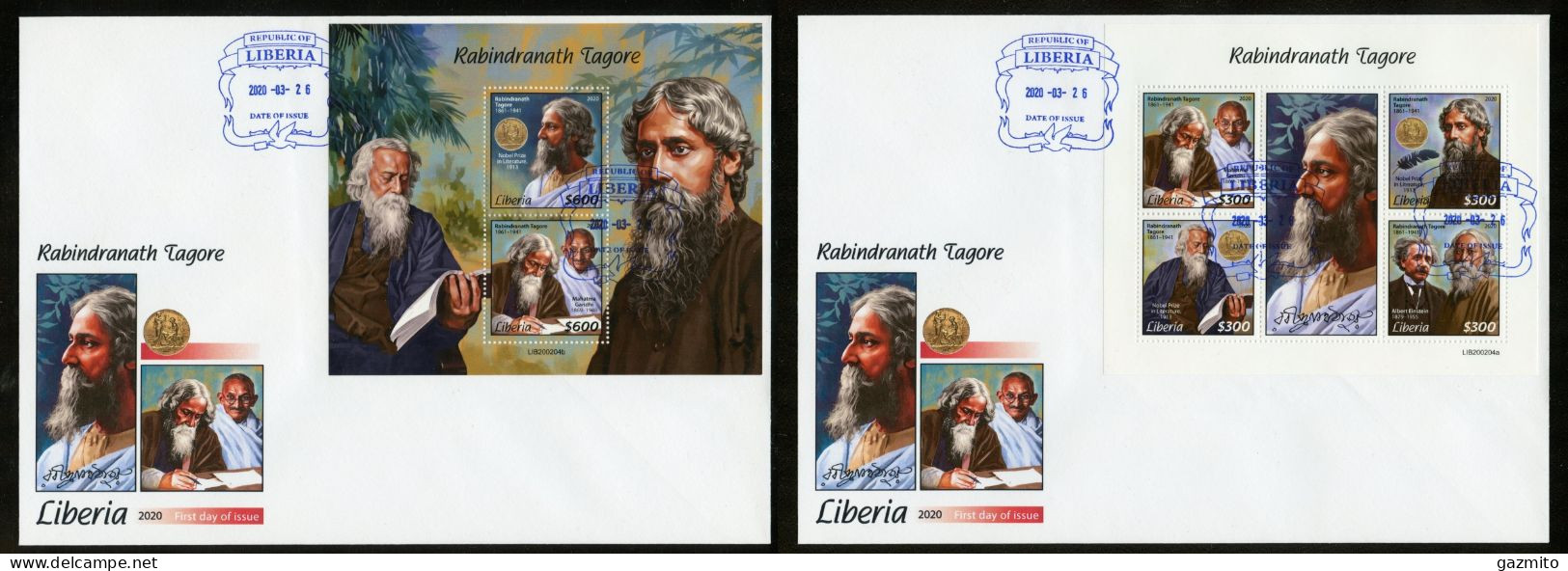 Liberia 2020, R, Tagore, Gandhi, 4val In BF +BF In 2FDC - Hinduismo