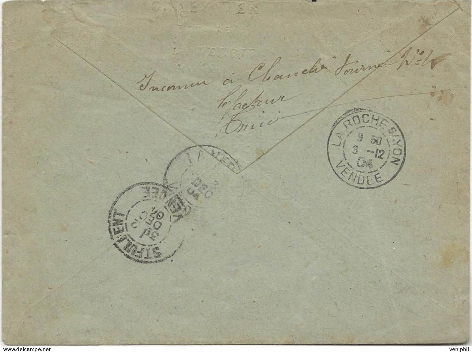 LETTRE AFFRANCHIE N° 130 SEMEUSE LIGNEE OBLITEREE CAD LA  VERRIE -VENDEE -1904- VOIR CACHETS AU DOS - Mechanical Postmarks (Other)