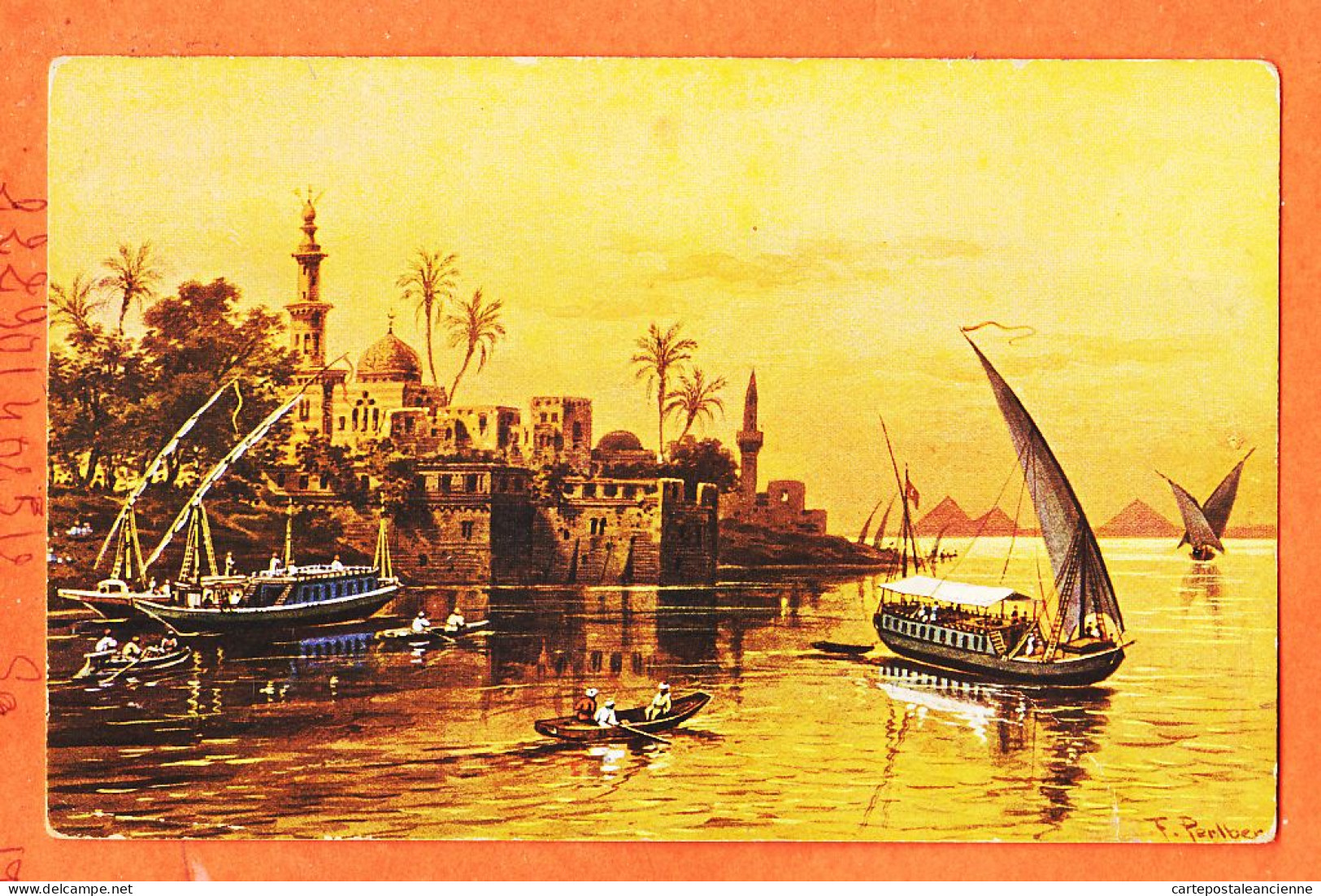 09975 / ⭐ F. PERLBERG ◉ CAIRO In Evening LE CAIRE Au Soir Felouque Bords NIL 1905s ◉ ROMMLER JONAS Dresden R-143 - Caïro