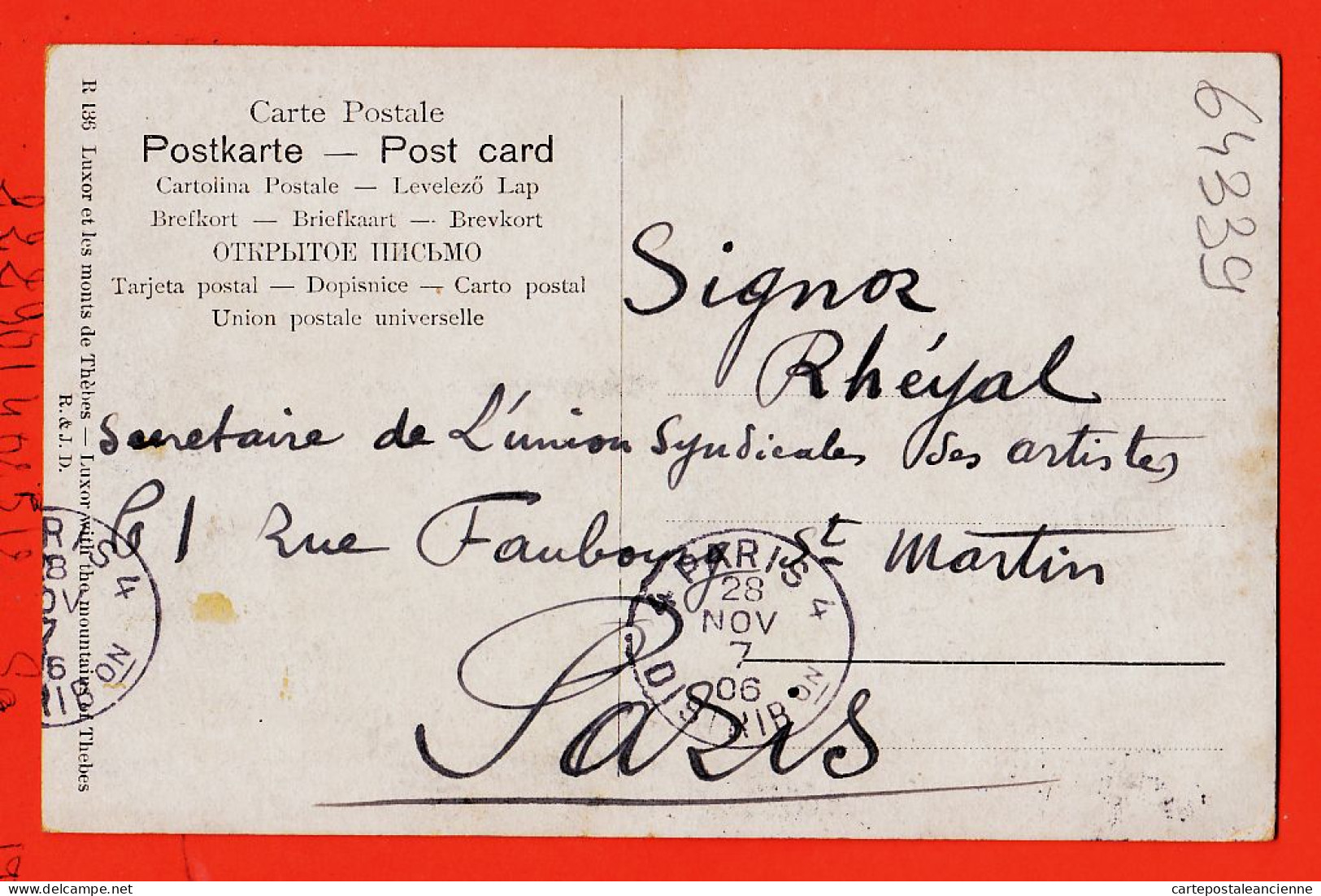 09893 / ⭐ (•◡•) WUTTKE LUXOR Louxor Monts THEBES1906 à RHEYAL Secreraire Union Syndicales Artistes Fb St-Martin ◉ R-136 - Louxor
