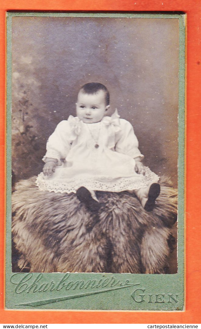 09807 / ⭐ Photo CDV GIEN 45-Loiret 1900s Bébé Fillette En Robe Assise Sur Une Fourrure ◉ Photographe CHARBONNIER - Persone Anonimi