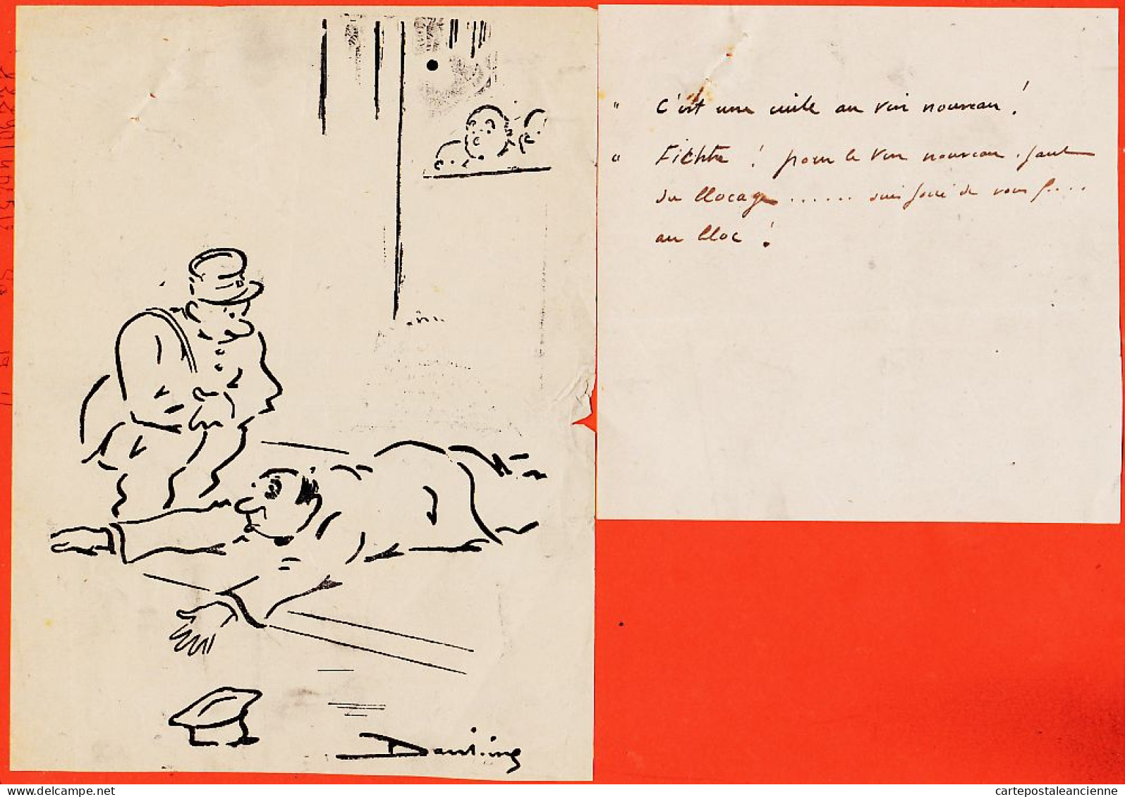 09802 / ⭐ ♥️  Caricature DANTOINE 1930s C'est Une Cuite Au Vin Nouveau ◉ Epreuve Imprimée + Brouillon Légende Manuscrite - Manuscripts