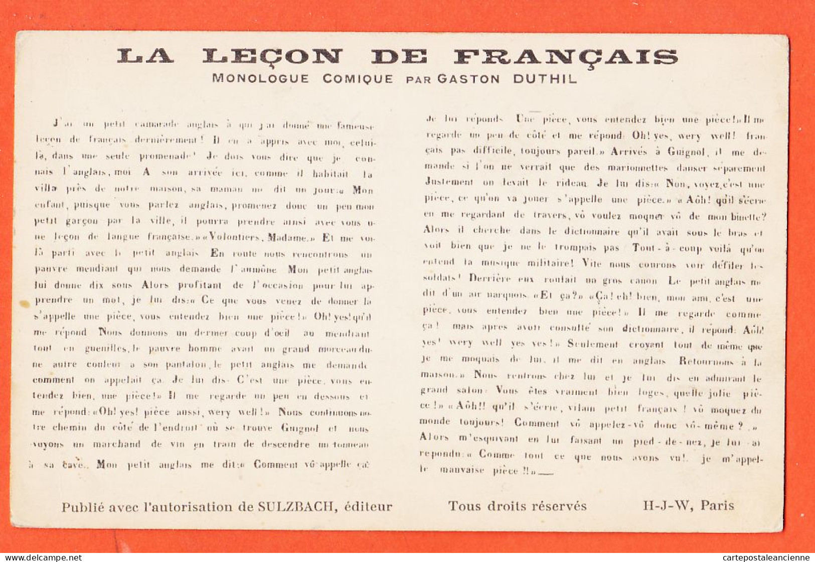 09595 /⭐ ◉  ♥️ LECON De FRANCAIS Monologue Comique Gaston DUTHIL 1910s Publié Avec Autorisation Editeur SULZBACH H-J-W  - Theatre