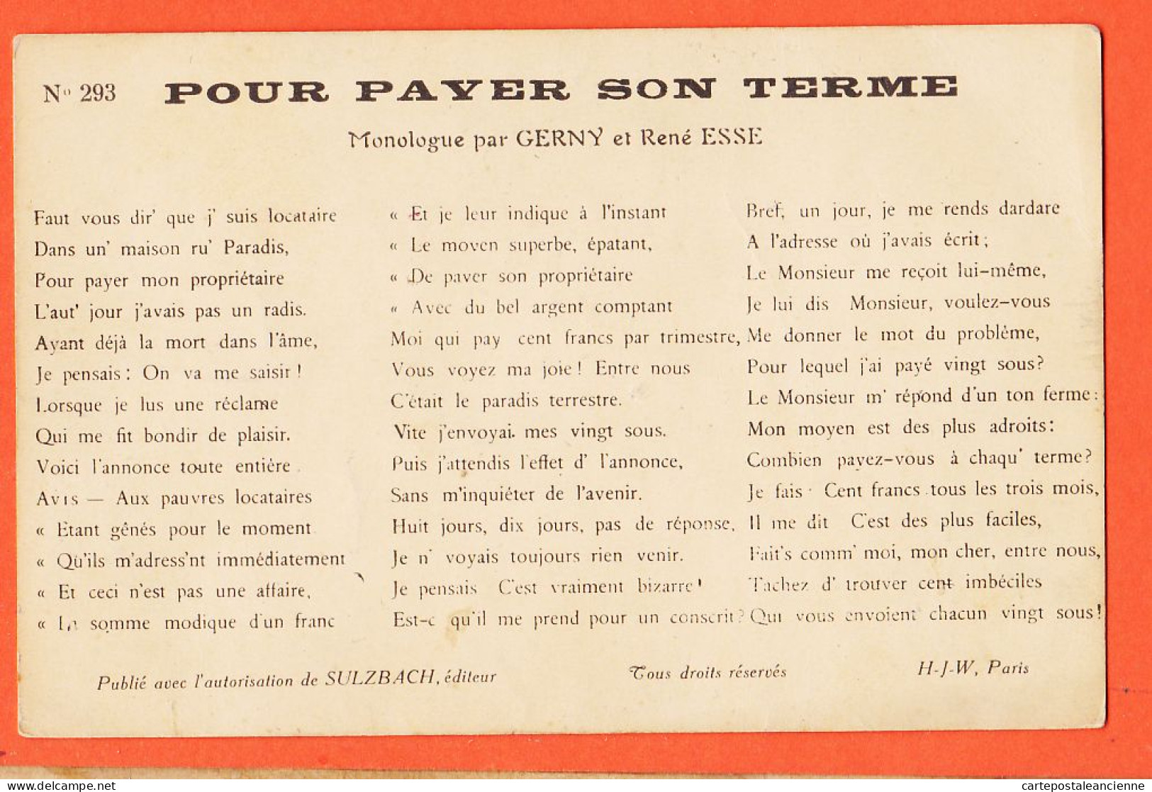 09594 /⭐ ◉  ♥️ Pour Payer Son TERME Monologue GERNY René ESSE 1910s Publié Avec Autorisation Editeur SULZBACH H-J-W 293  - Theater