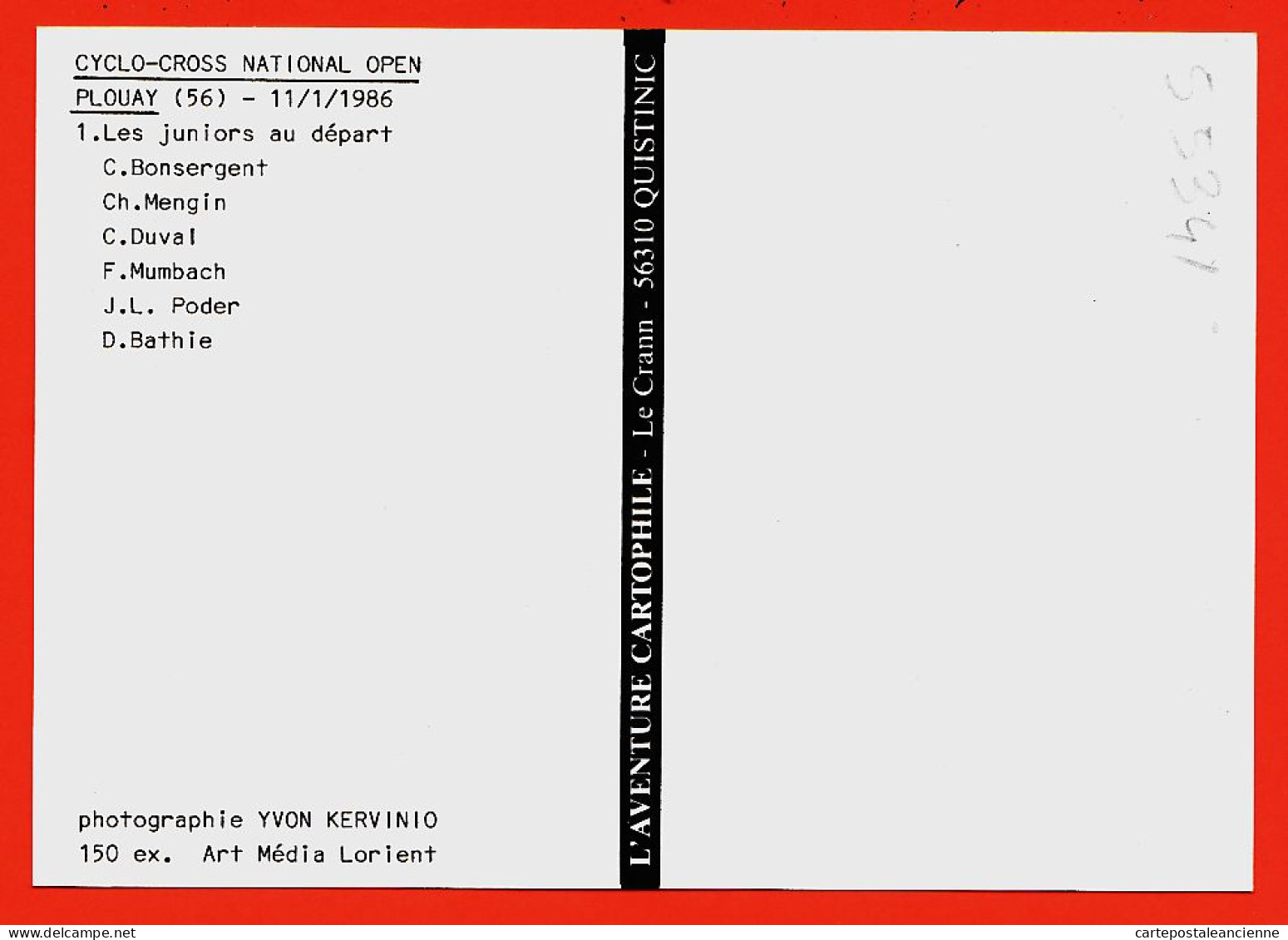 09543 /⭐ ◉  ♥️ 56-PLOUAY Cyclo-Cross National OPEN 01-1986 Départ Juniors BONSERGENT MENGIN DUVAL MUMBACH PODER BATHIE - Otros & Sin Clasificación