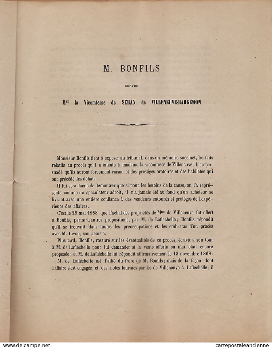 09592 /⭐ ◉ ♥️ Vicomtesse De SERAN VILLENEUVE BARGEMON Contre BONFILS 34p Plaidoiries Avocat Année 1869 - Ohne Zuordnung