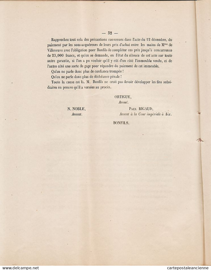 09592 /⭐ ◉ ♥️ Vicomtesse De SERAN VILLENEUVE BARGEMON Contre BONFILS 34p Plaidoiries Avocat Année 1869 - Non Classés