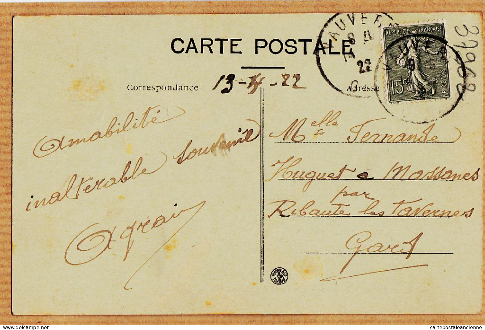 09719 / ⭐ VAUVERT 30-Gard MAIRIE 1922 à Fernande HUGUET Massanes Ribaute -Les-Tavernes- Tabac Marcel GUIGON Photo FARGE - Other & Unclassified
