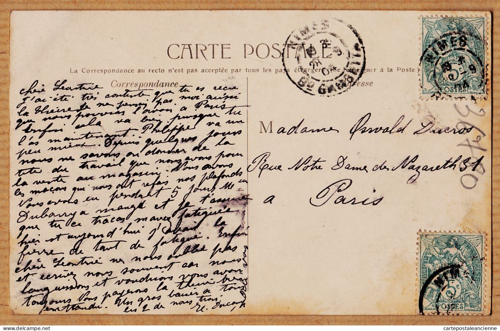 09701 / ⭐ Marcophilie Type SAGE 2 X 10 Cts Pont Du GARD 1904 à OSWALD-DUCROS Paris-Charles BERNHEIM - Other & Unclassified