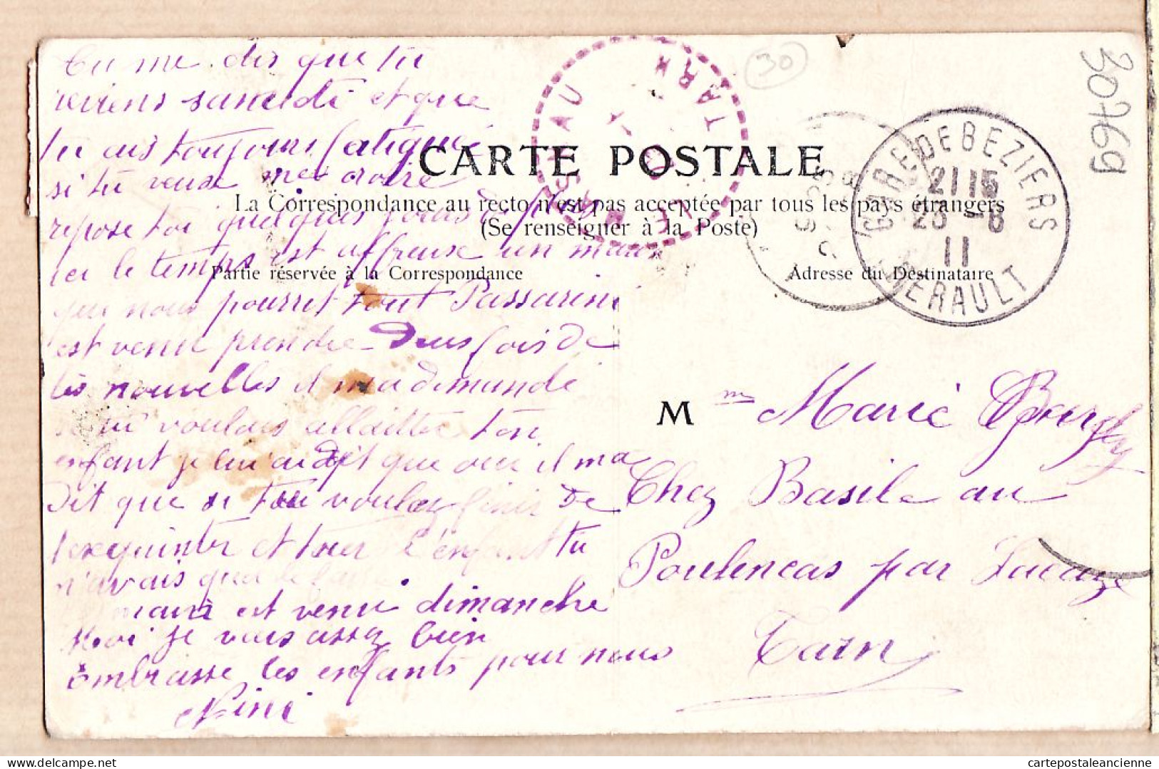 09659 / ⭐ ♥️ Tampon Poste LE MASNAU 1911 à BARDY Pour RENCAS Lacaze Tarn Emaillographie J.B.E.N.P NIMES Fontaine Entrée - Nîmes