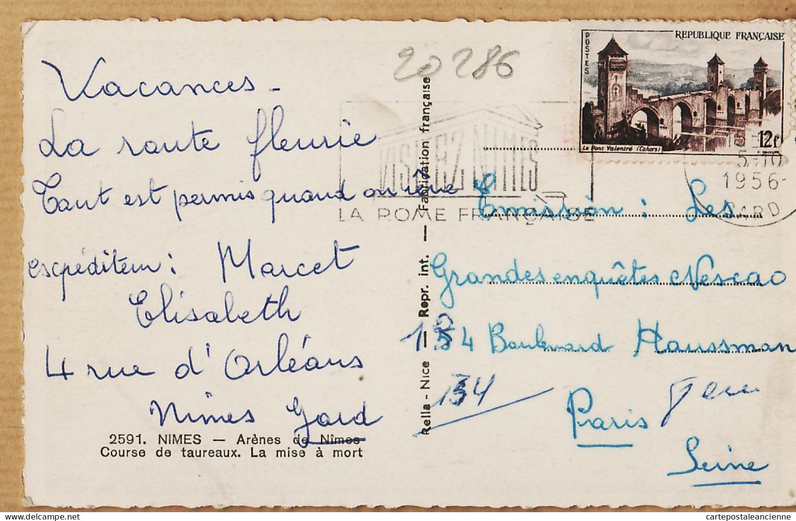 09637 / ⭐ Tauromachie NIMES ARENES Courses De TAUREAUX MISE à MORT Corrida 05.10.1956 RELLA N°2591 Cptau  - Nîmes