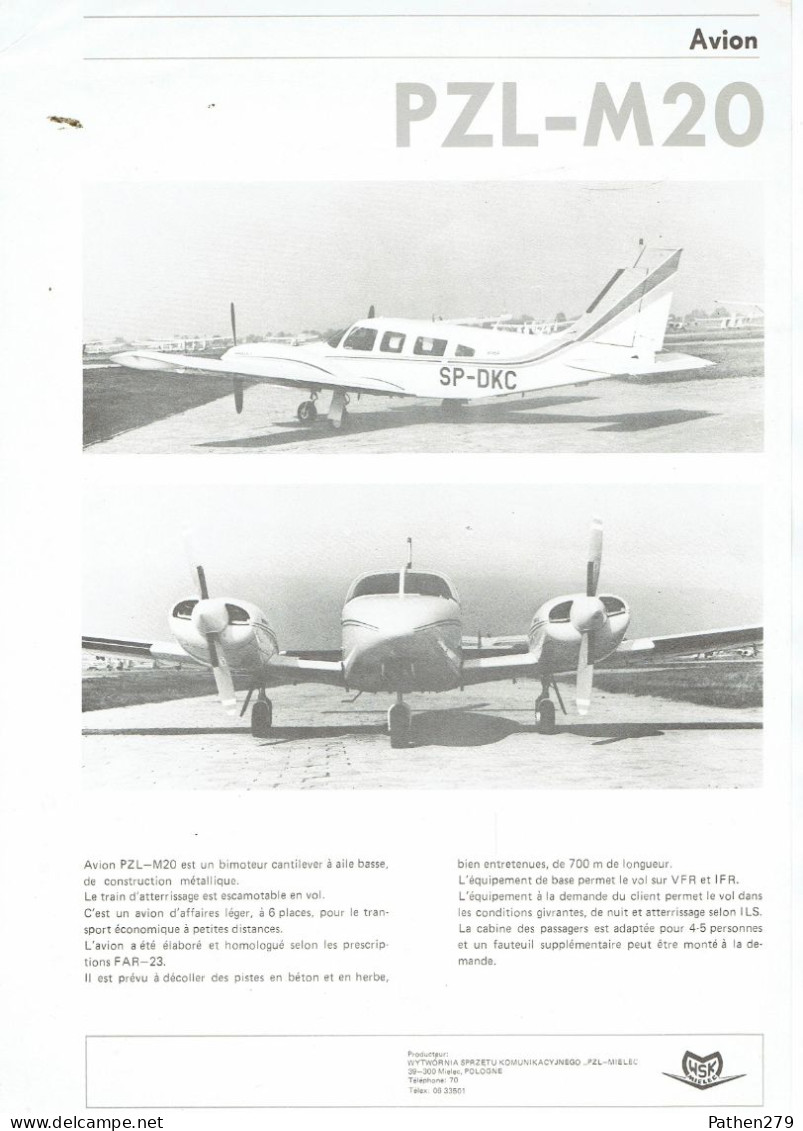 Plaquette De Présentation Aéronautique Polonaise Pour Avion PZL M-20 - Aviazione