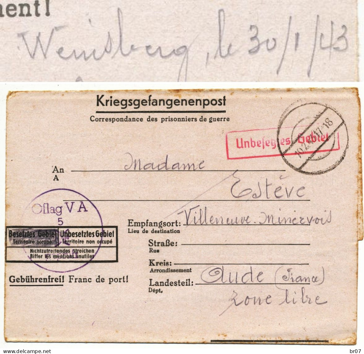 CAMP OFFICIERS PRISONNIERS ALLEMAGNE OFLAG VA 1943 = WEINSBERG STUTTGART VOIR SCANS - Guerra De 1939-45