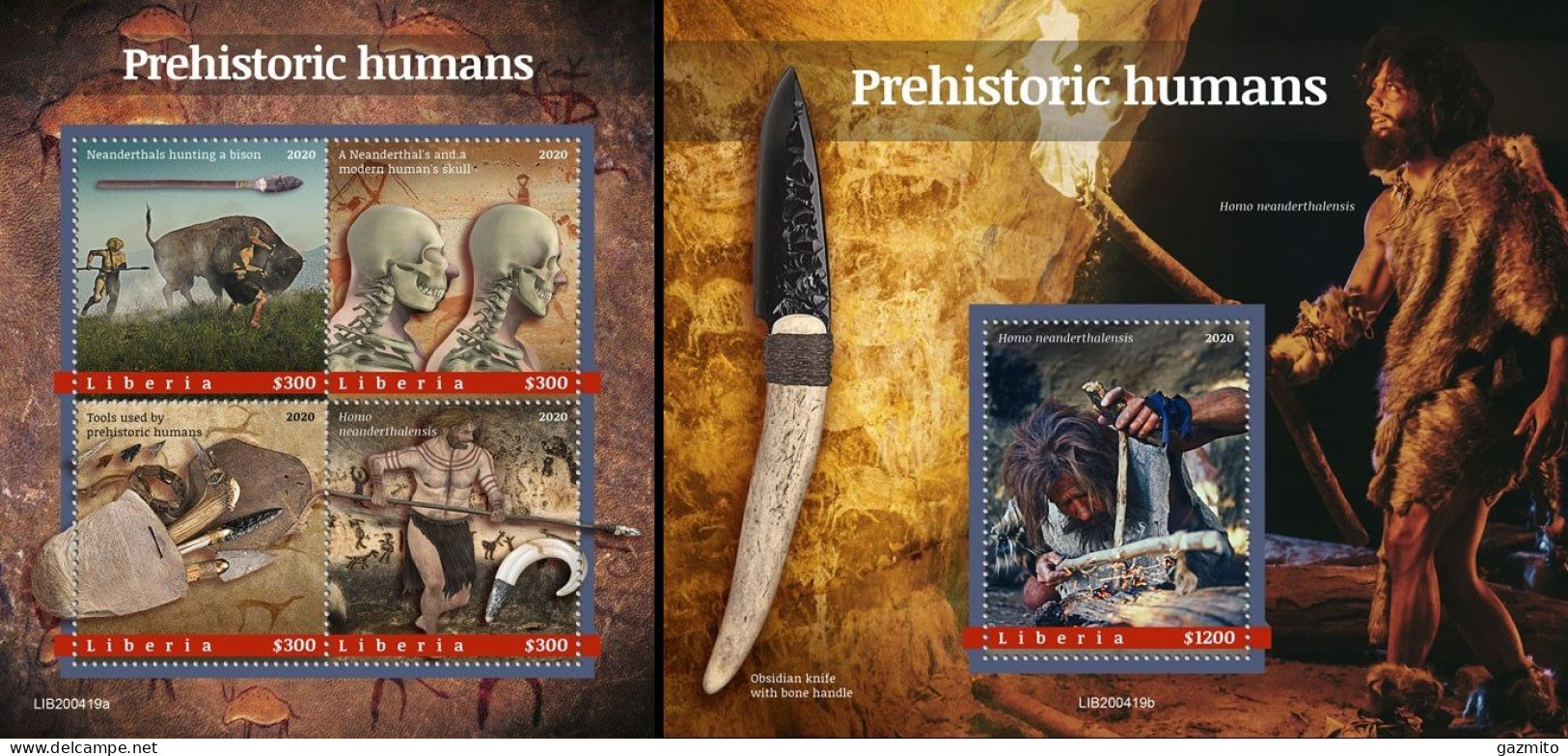 Liberia 2020, Prehistoric Men, Fossils, 4val In BF+BF - Liberia