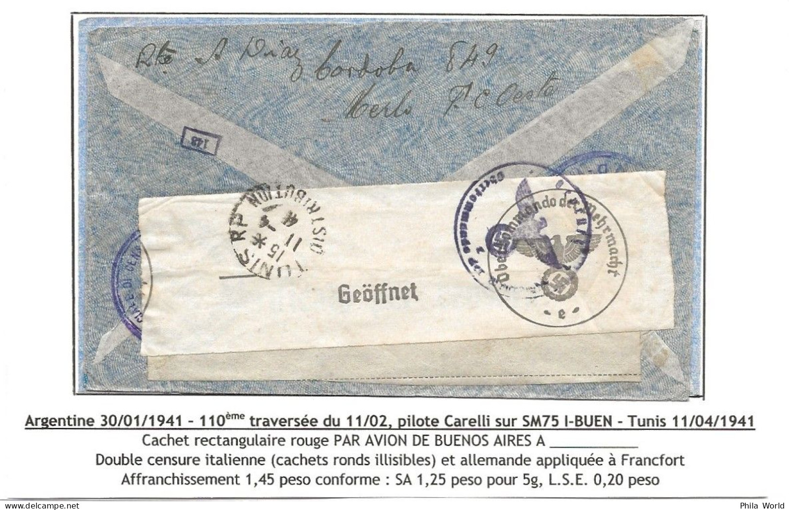 LATI 1941 RARE Air Mail Cover To NORTH AFRICA From ARGENTINA To TUNIS TUNISIA TUNISIE Red Cancel PAR AVION JUSQU'A - Vliegtuigen